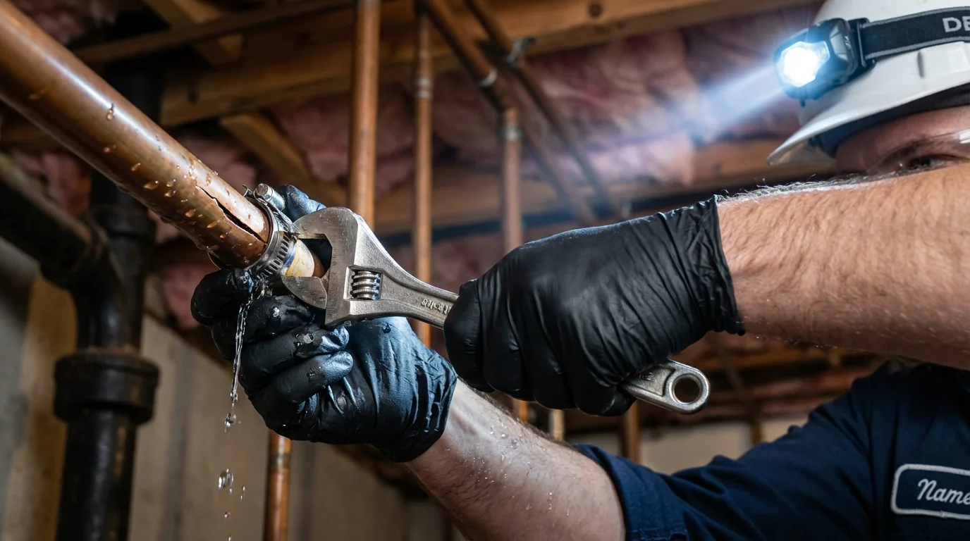 Emergency pipe clamp repair being performed by a Johns Plumbing LLC plumber in Red Bluff