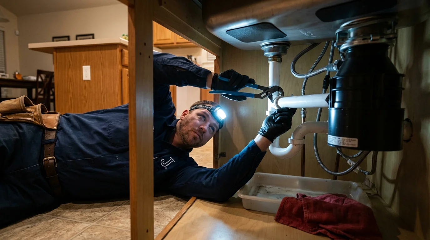 P-trap and supply line connections under a kitchen sink showing a common leak point in Red Bluff, CA